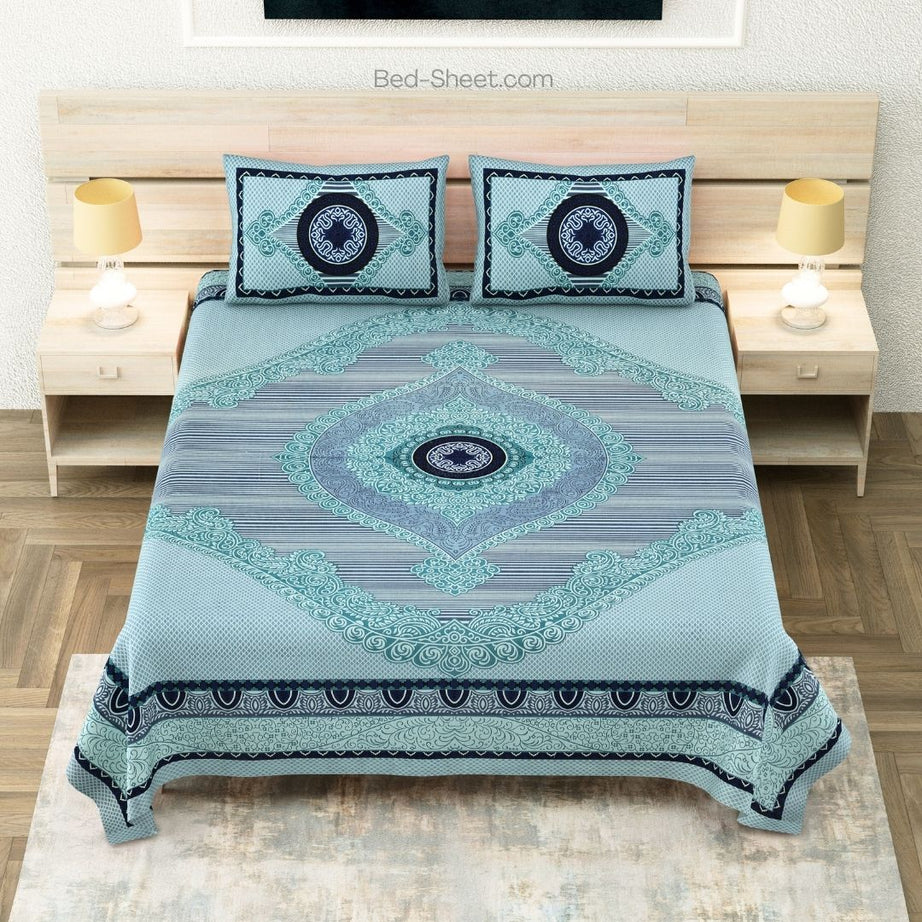 Teal Shubh Labh Elegance Pure Cotton King Size Bedsheet