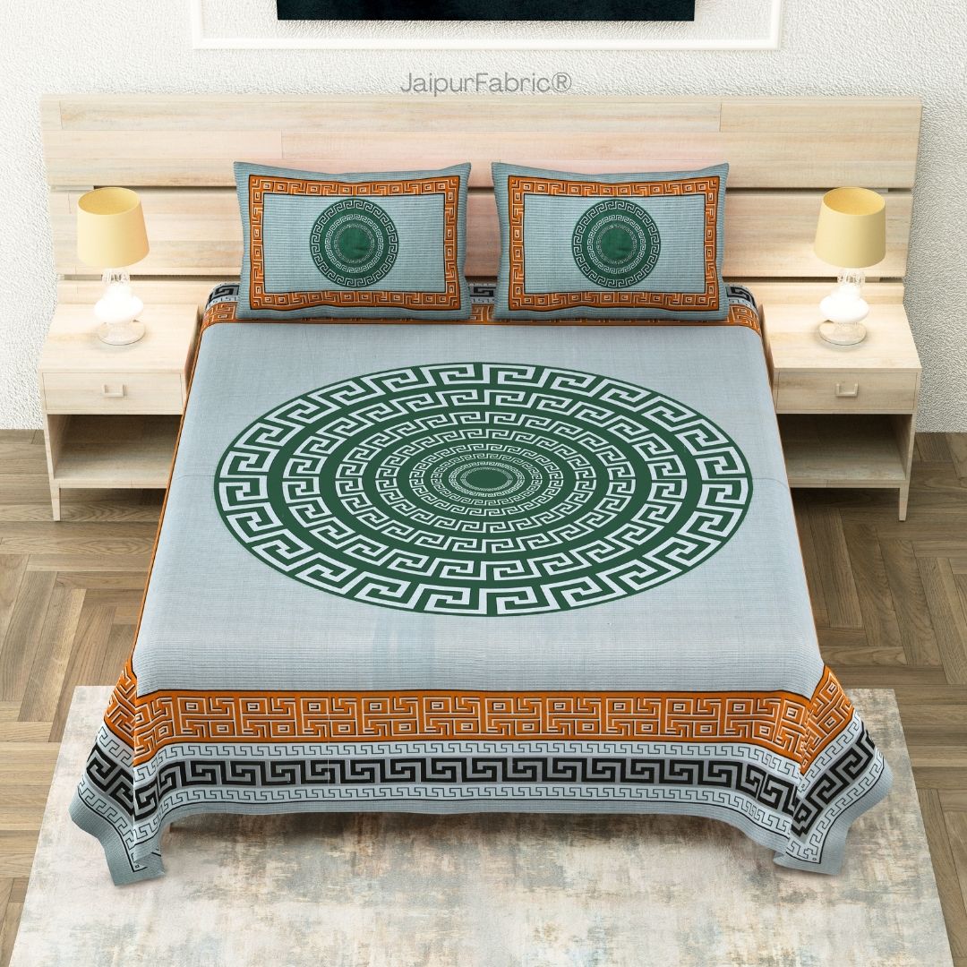 Green and Golden Gemoetric Maze Pure Cotton King Size Bedsheet
