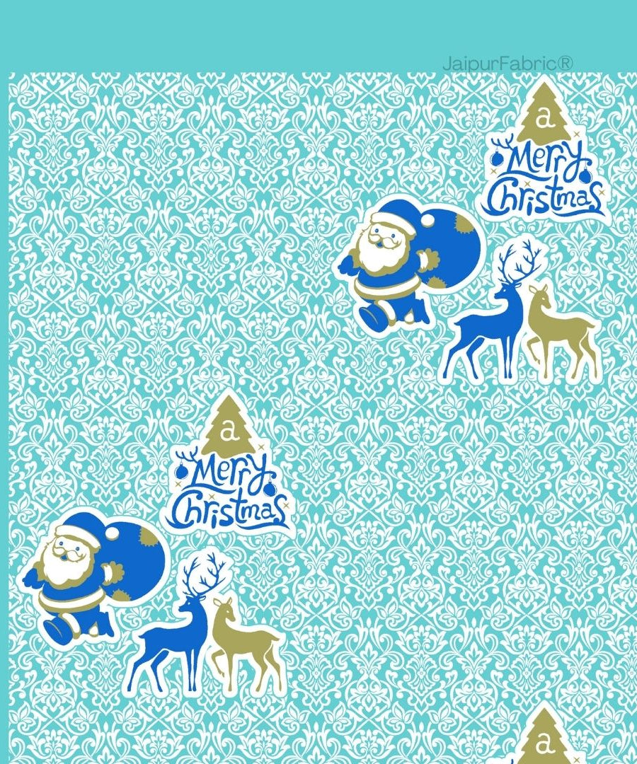 Sky Blue Magical Ride Santa and Reindeer Blue Cotton King Size Bedsheet