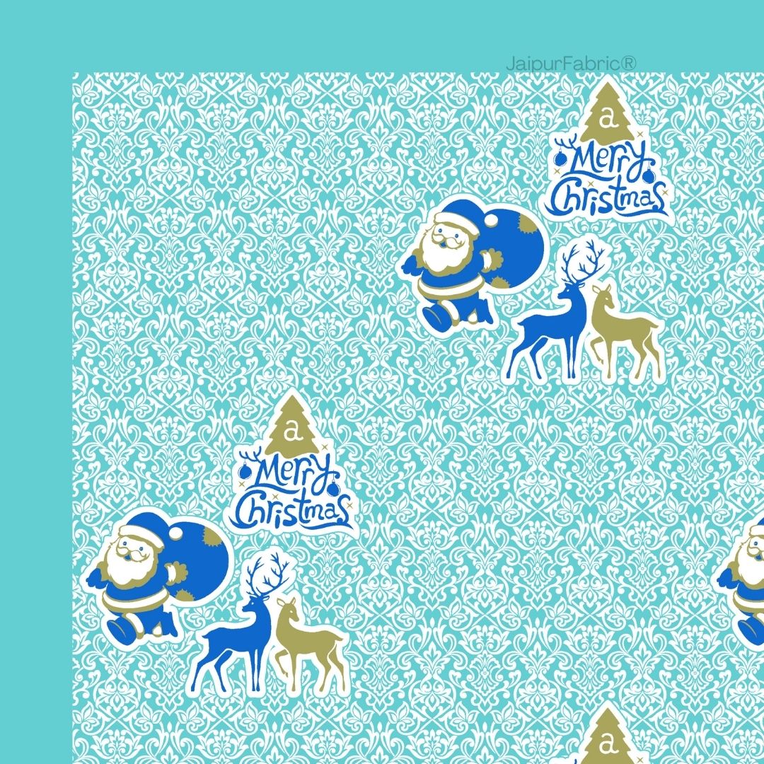 Sky Blue Magical Ride Santa and Reindeer Blue Cotton King Size Bedsheet