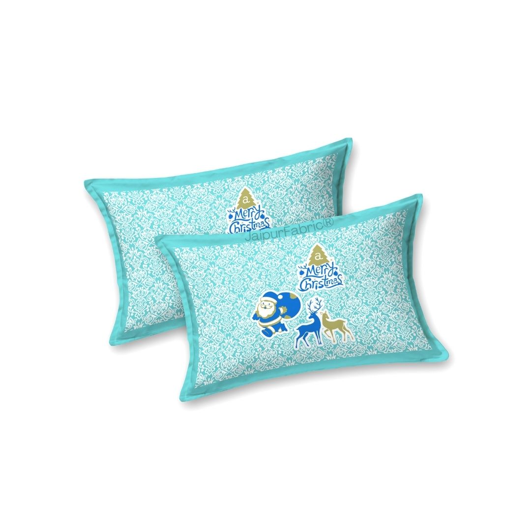 Sky Blue Magical Ride Santa and Reindeer Blue Cotton King Size Bedsheet