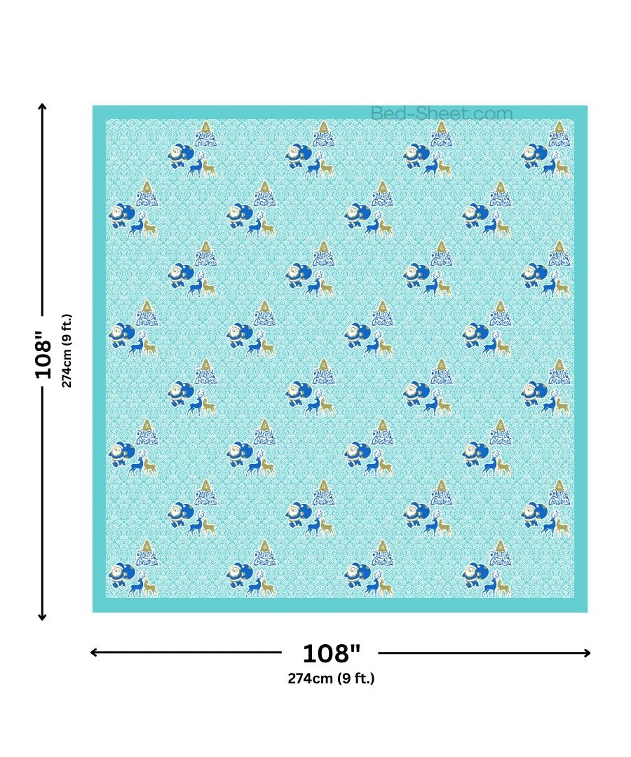 Sky Blue Magical Ride Santa and Reindeer Blue Cotton King Size Bedsheet