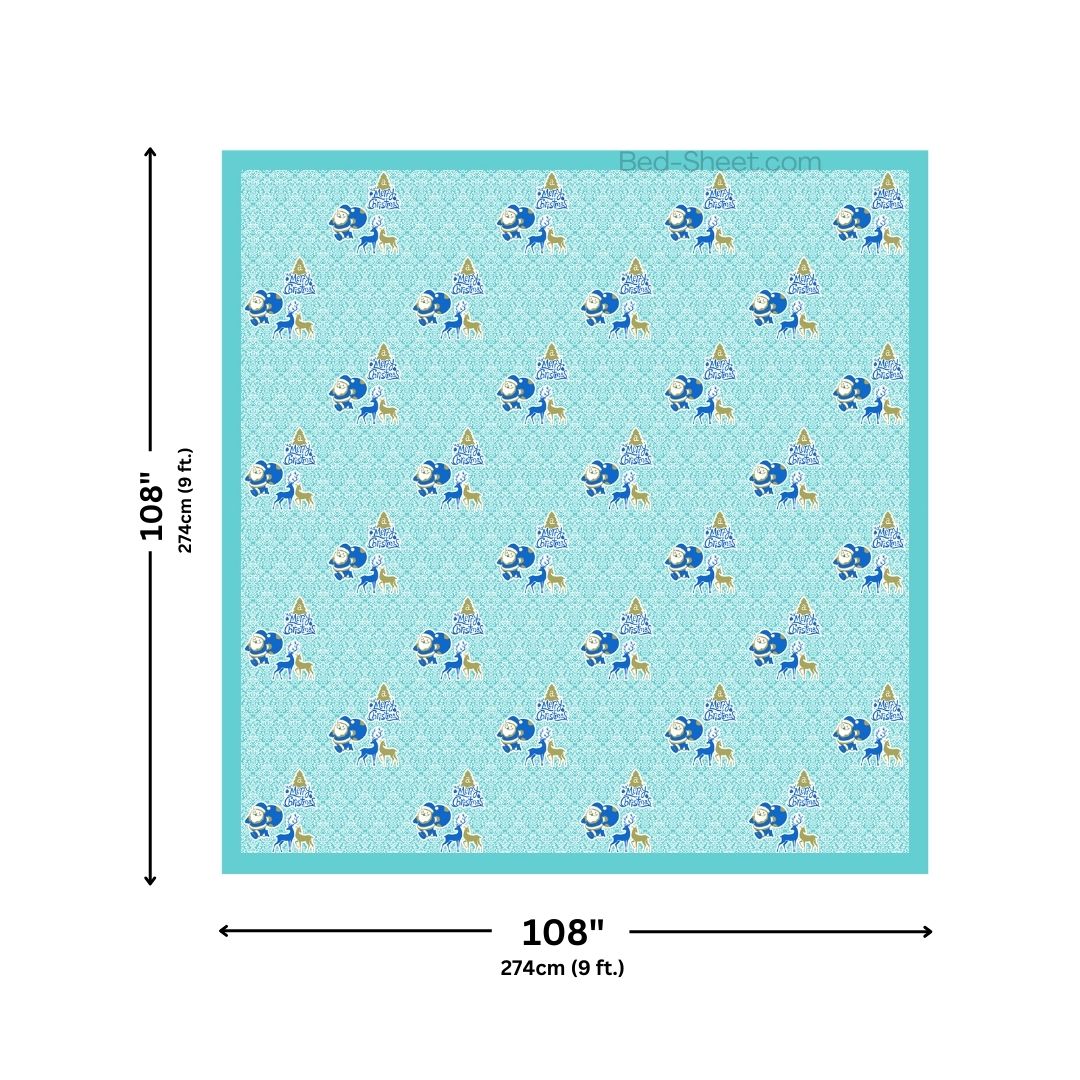 Sky Blue Magical Ride Santa and Reindeer Blue Cotton King Size Bedsheet