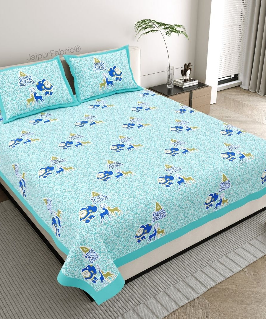 Sky Blue Magical Ride Santa and Reindeer Blue Cotton King Size Bedsheet