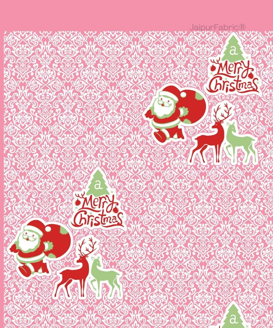 Rosy Pink Magical Ride Santa and Reindeer Blue Cotton King Size Bedsheet