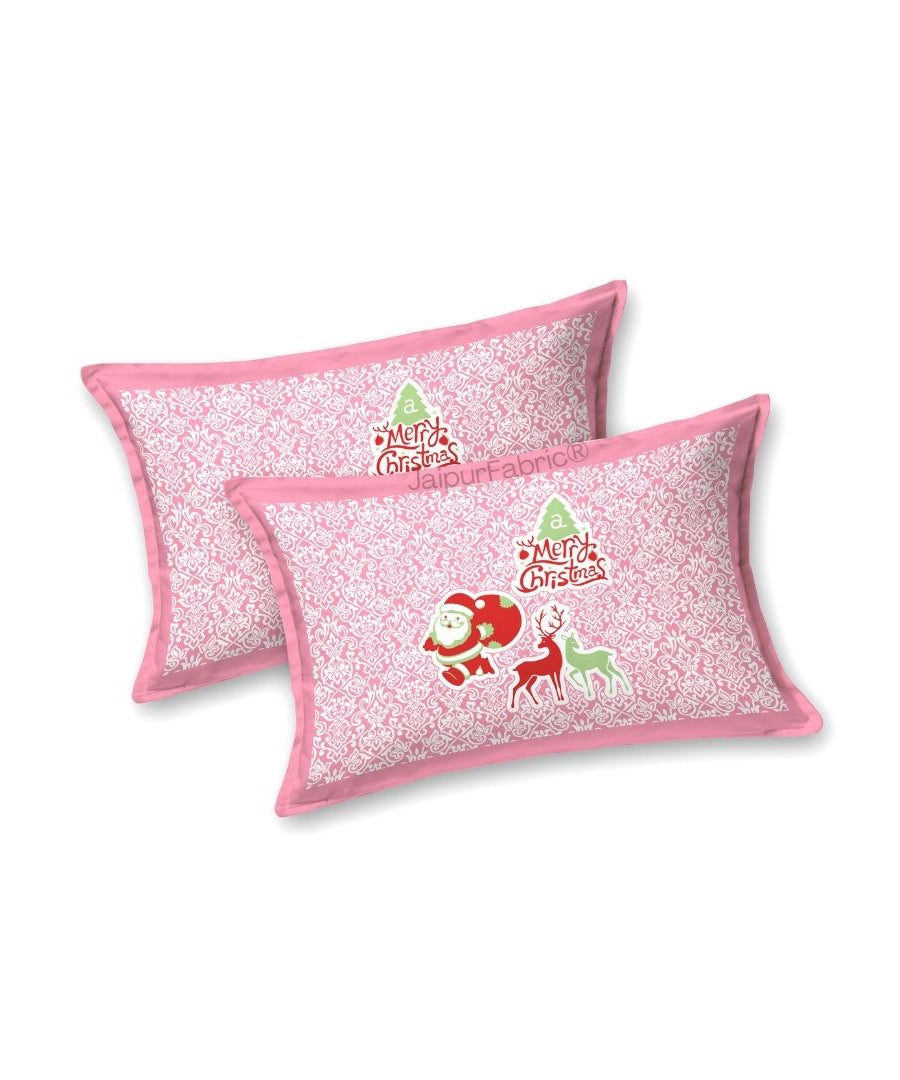 Rosy Pink Magical Ride Santa and Reindeer Blue Cotton King Size Bedsheet