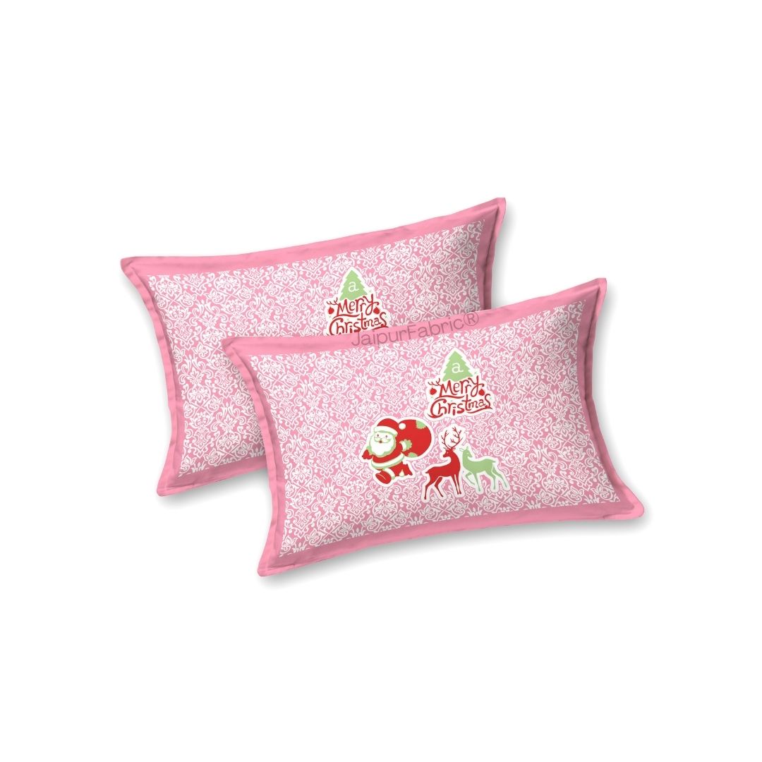 Rosy Pink Magical Ride Santa and Reindeer Blue Cotton King Size Bedsheet