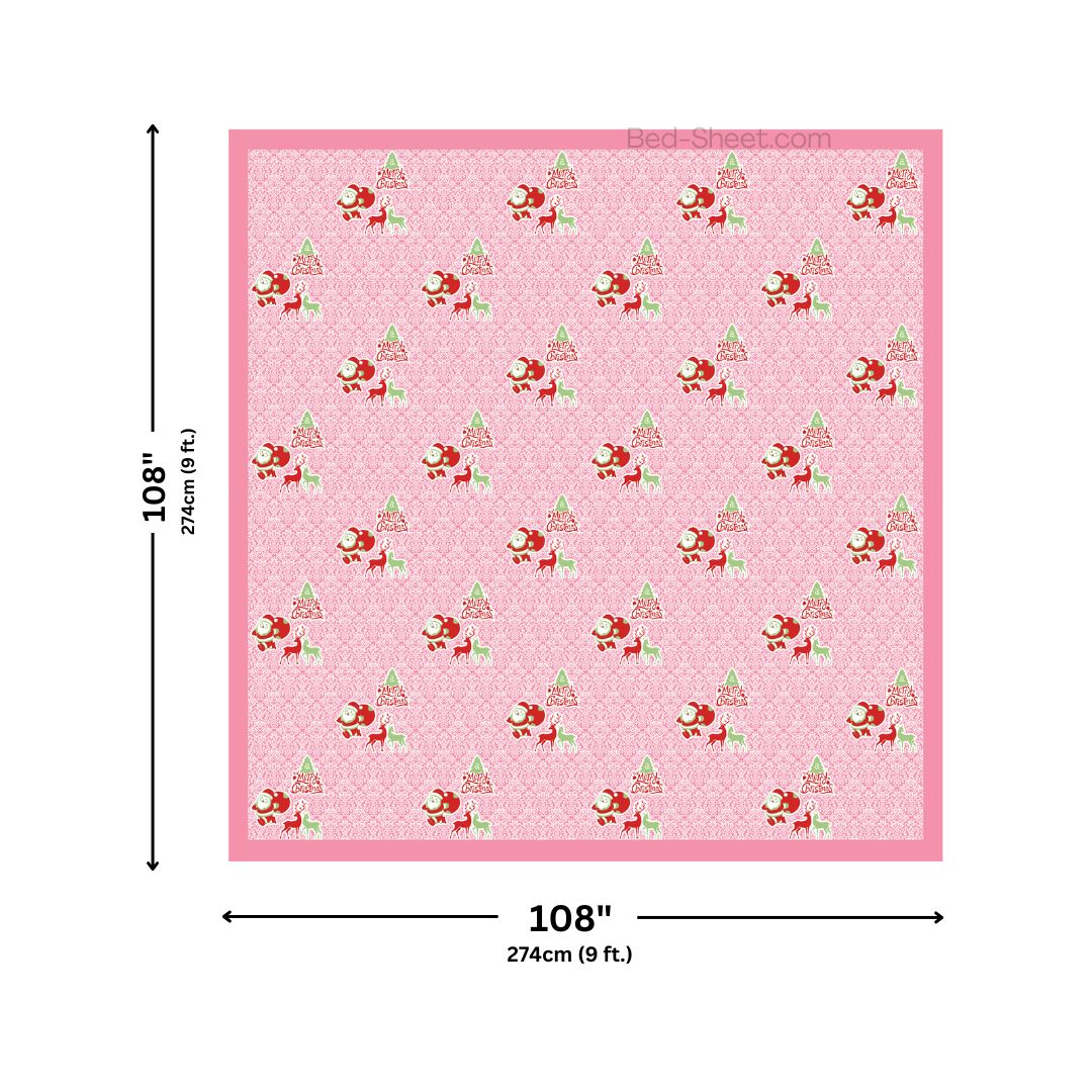 Rosy Pink Magical Ride Santa and Reindeer Blue Cotton King Size Bedsheet