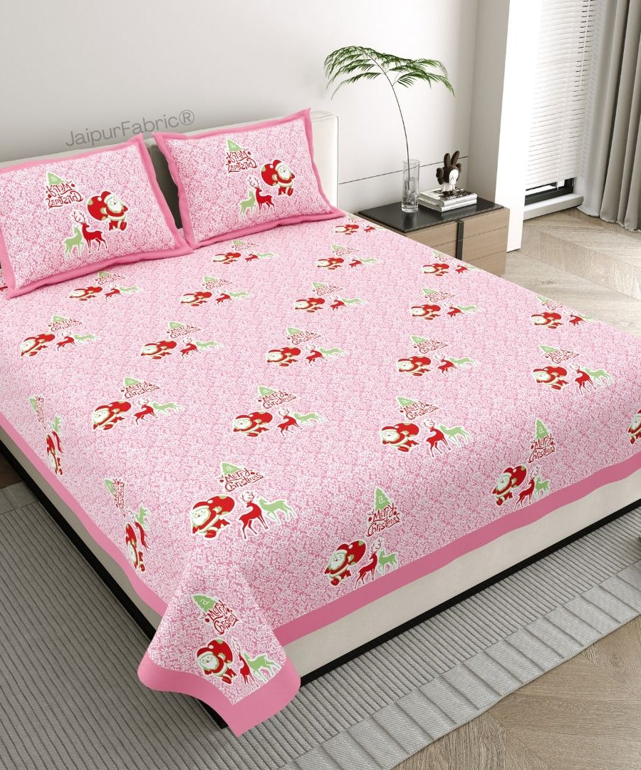 Rosy Pink Magical Ride Santa and Reindeer Blue Cotton King Size Bedsheet