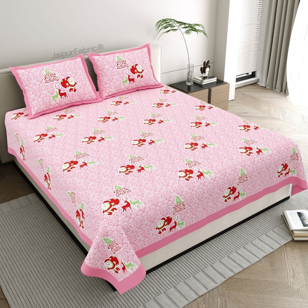 Rosy Pink Magical Ride Santa and Reindeer Blue Cotton King Size Bedsheet