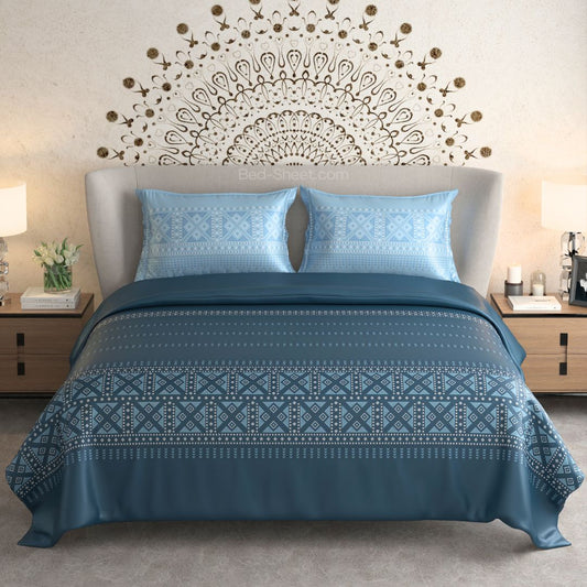 Deep Sapphire Blue Percale Cotton King Size Bed Sheet with Exquisite Geometric Designs