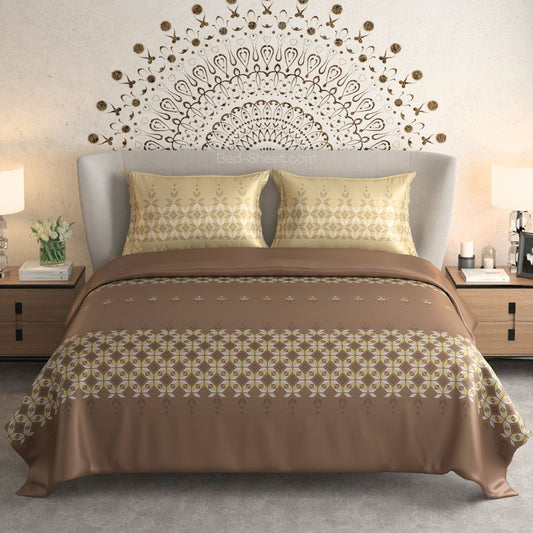 Gold Cocoa Splendor Percale Cotton King Size Bed Sheet with Ornate Detailing