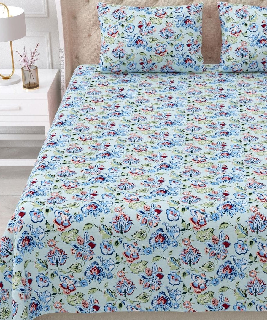 Floral Bliss Sapphire Blue Pure Cotton King Size Bedsheet