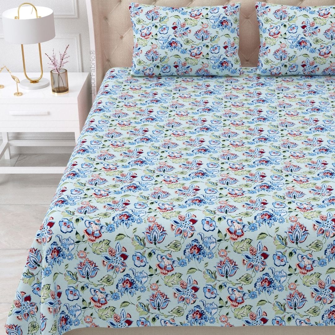 Floral Bliss Sapphire Blue Pure Cotton King Size Bedsheet