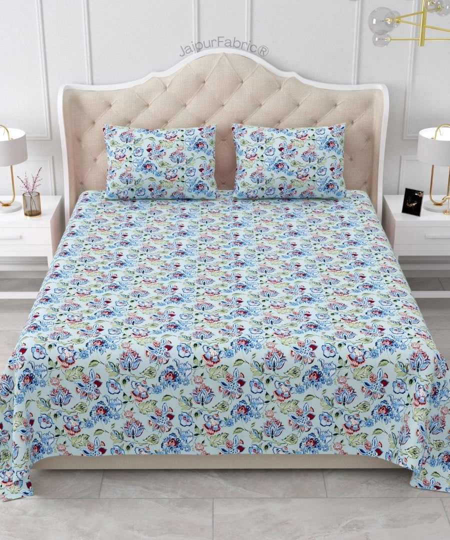 Floral Bliss Sapphire Blue Pure Cotton King Size Bedsheet