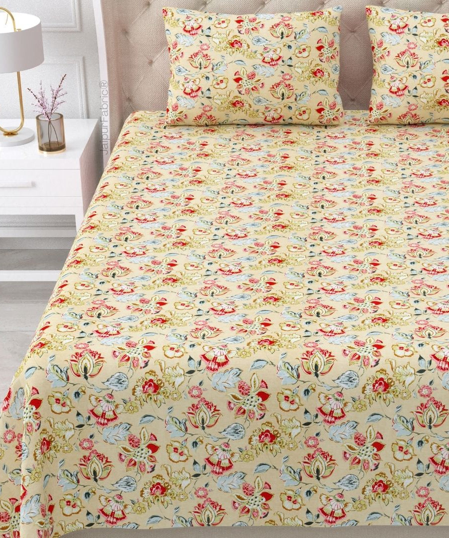 Floral Bliss Sand Beige Pure Cotton King Size Bedsheet