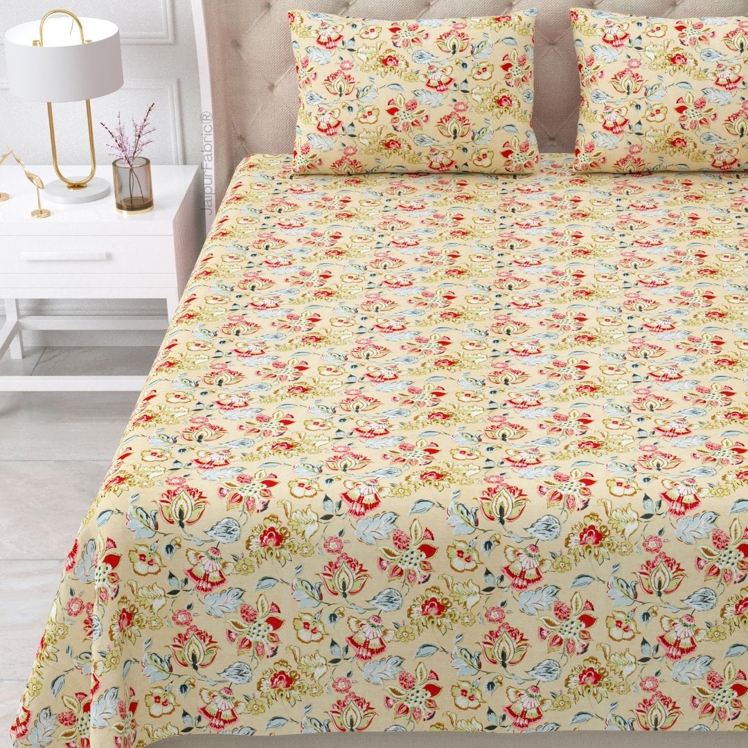 Floral Bliss Sand Beige Pure Cotton King Size Bedsheet