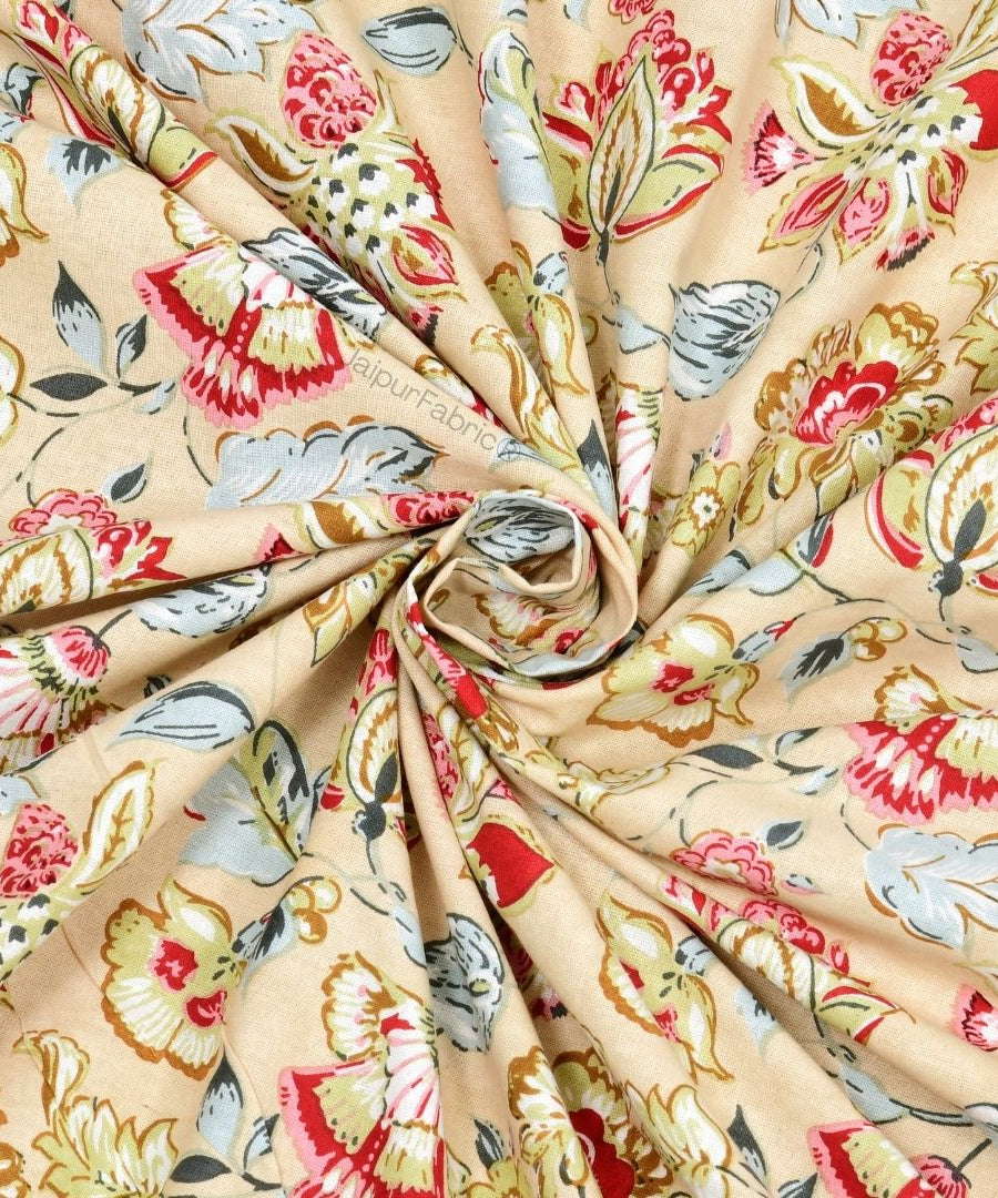Floral Bliss Sand Beige Pure Cotton King Size Bedsheet
