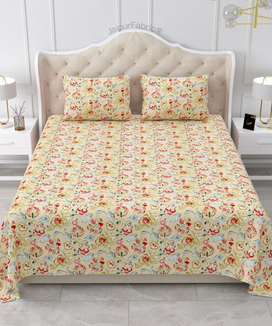 Floral Bliss Sand Beige Pure Cotton King Size Bedsheet
