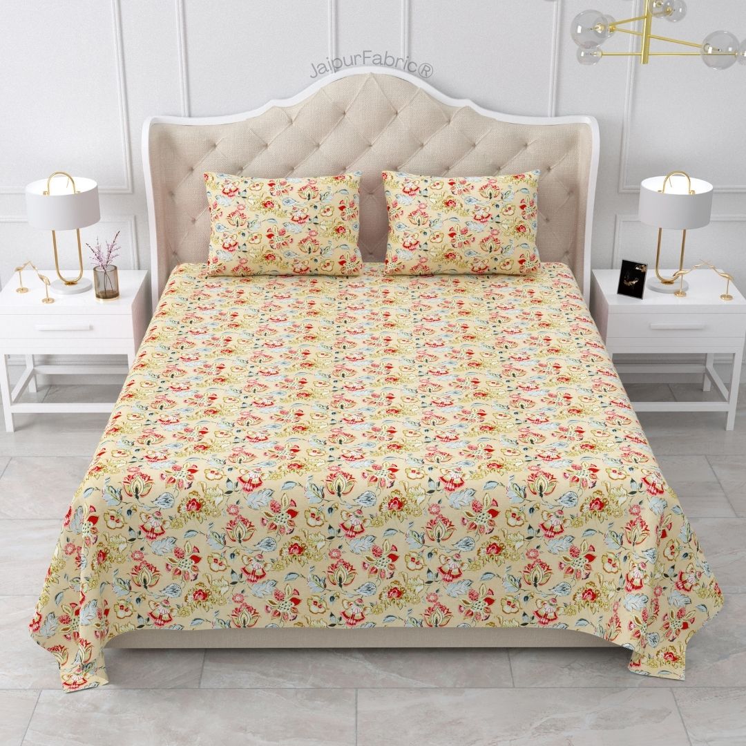 Floral Bliss Sand Beige Pure Cotton King Size Bedsheet