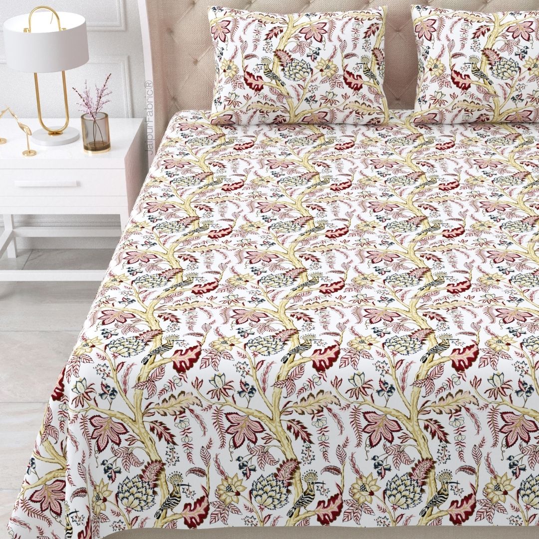 Wildwood Harmony White Floral King Size Pure Cotton Bedsheet