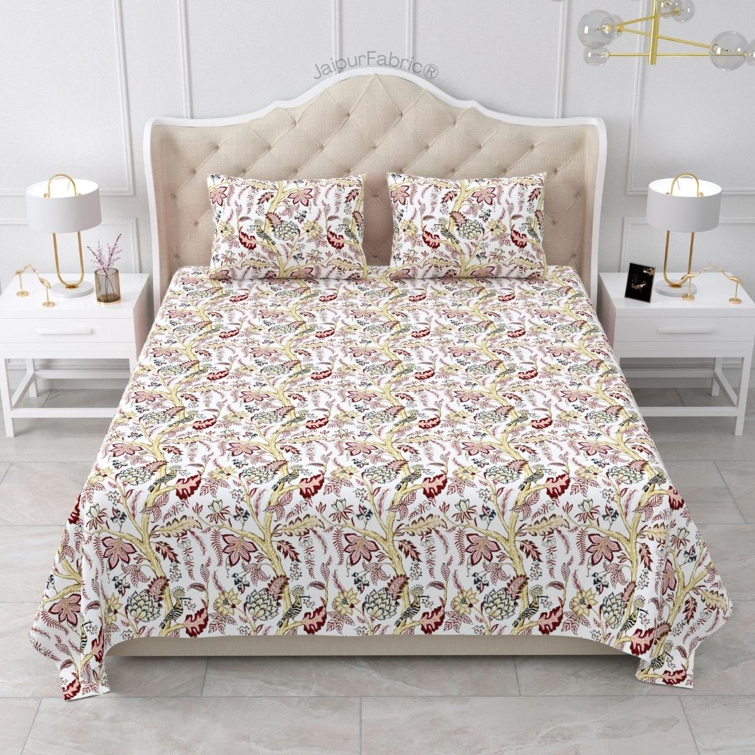 Wildwood Harmony White Floral King Size Pure Cotton Bedsheet