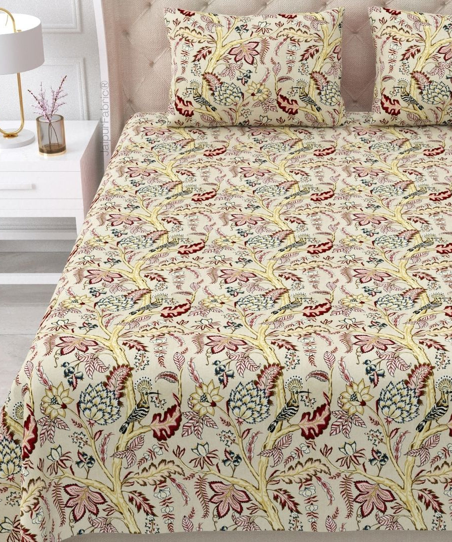 Wildwood Harmony Beige Floral King Size Pure Cotton Bedsheet