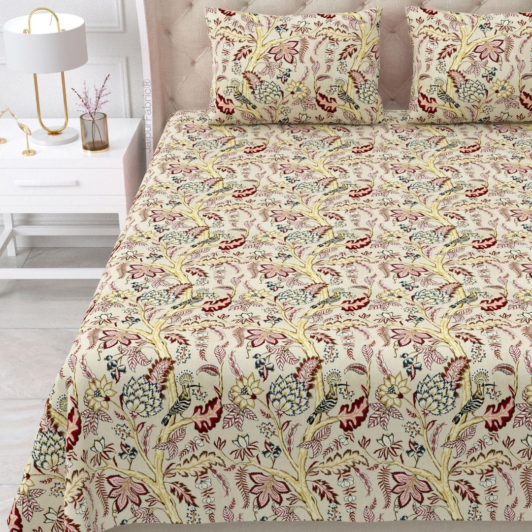 Wildwood Harmony Beige Floral King Size Pure Cotton Bedsheet