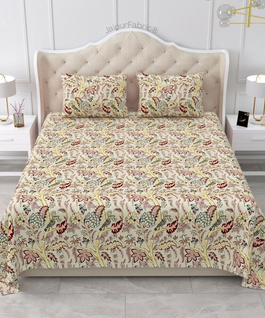 Wildwood Harmony Beige Floral King Size Pure Cotton Bedsheet