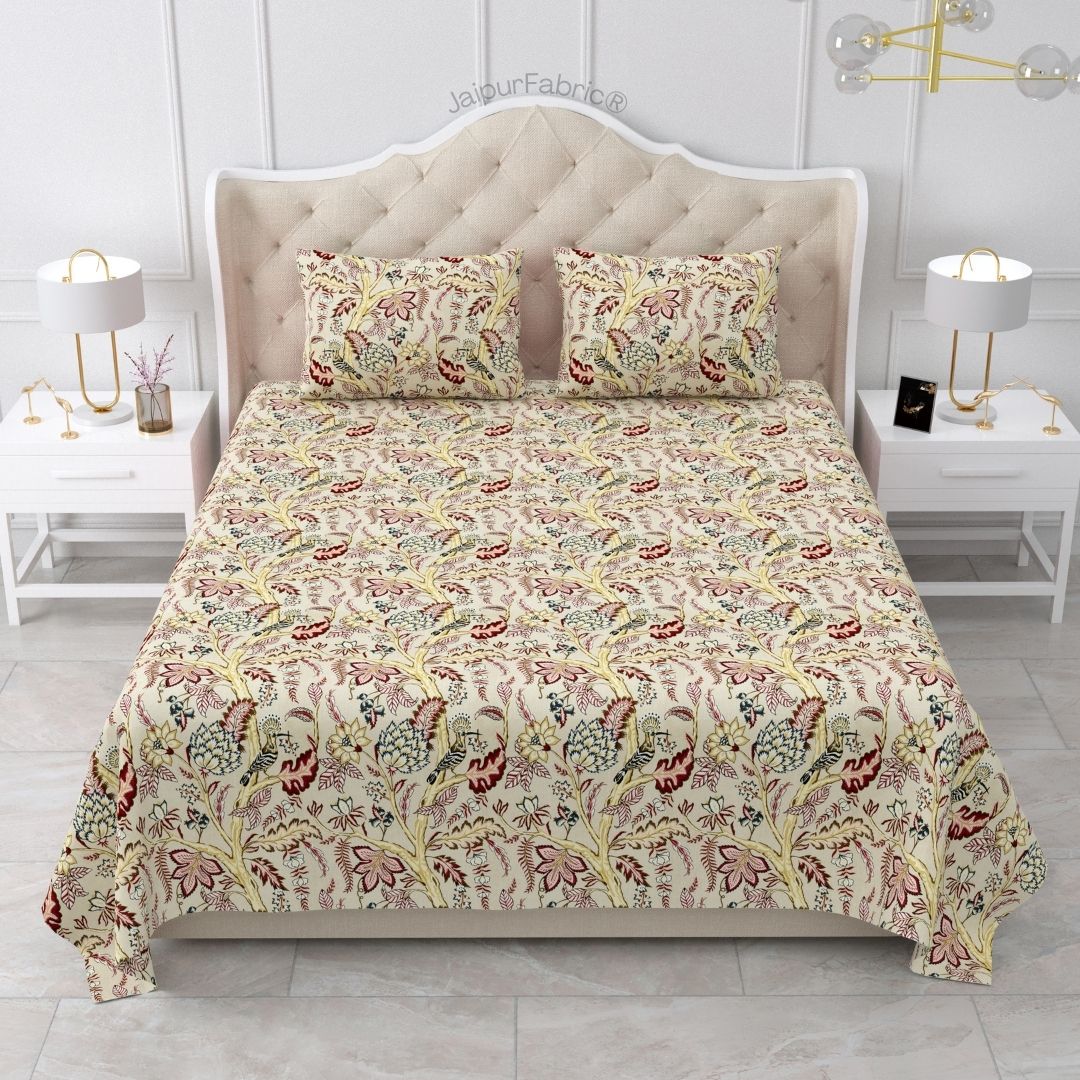 Wildwood Harmony Beige Floral King Size Pure Cotton Bedsheet