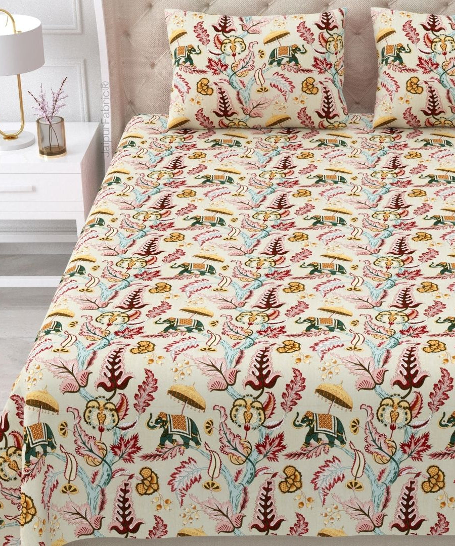 Elephant Paradise Cherry Red Pure Cotton King Size Bedsheet