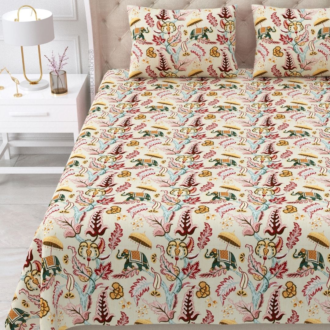 Elephant Paradise Cherry Red Pure Cotton King Size Bedsheet