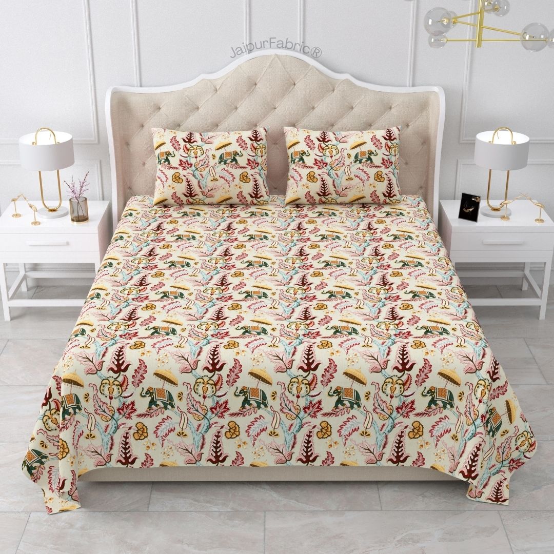 Elephant Paradise Cherry Red Pure Cotton King Size Bedsheet