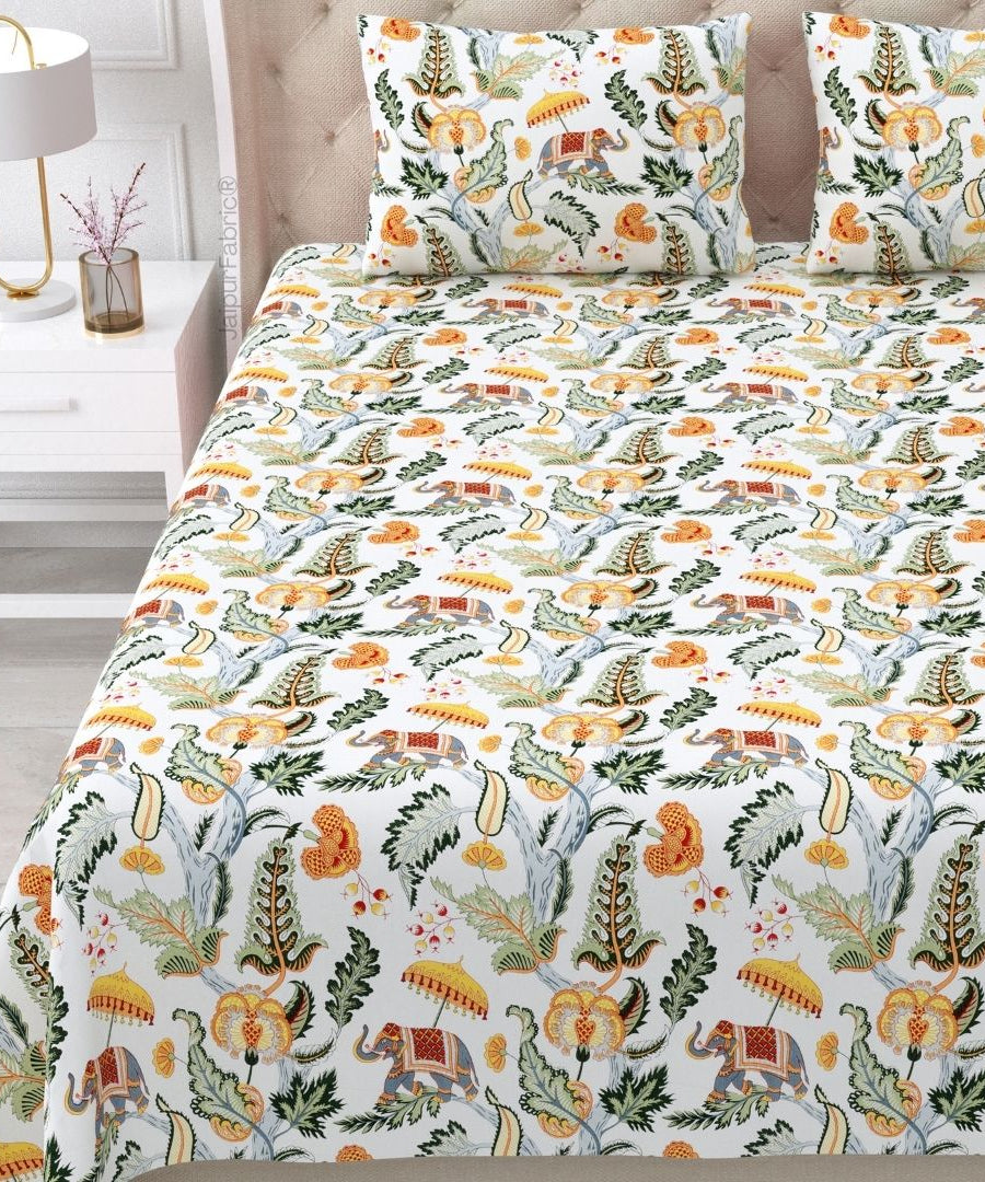 Elephant Paradise Pine Green Pure Cotton King Size Bedsheet