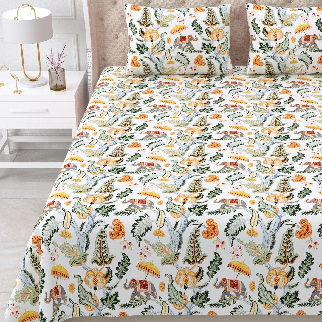 Elephant Paradise Pine Green Pure Cotton King Size Bedsheet
