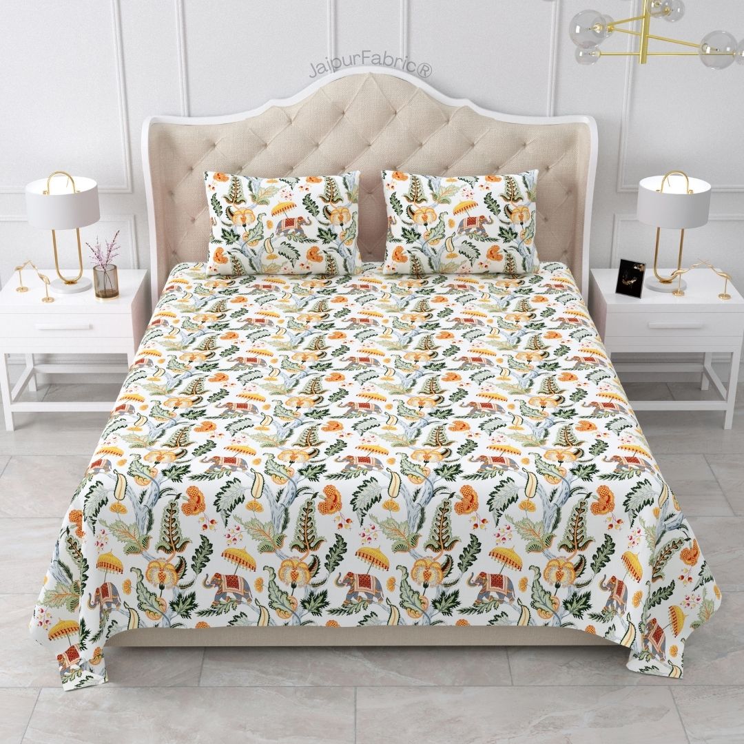 Elephant Paradise Pine Green Pure Cotton King Size Bedsheet