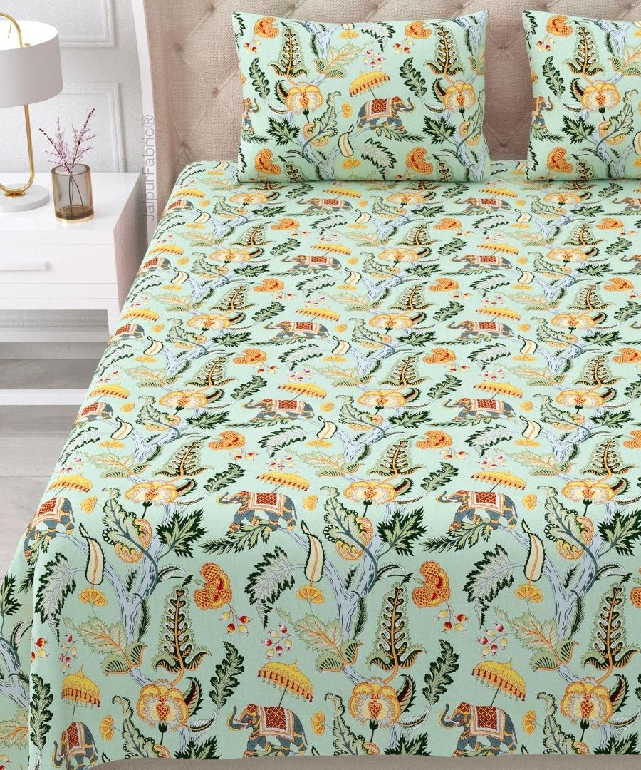 Elephant Paradise Saffron Yellow Pure Cotton King Size Bedsheet