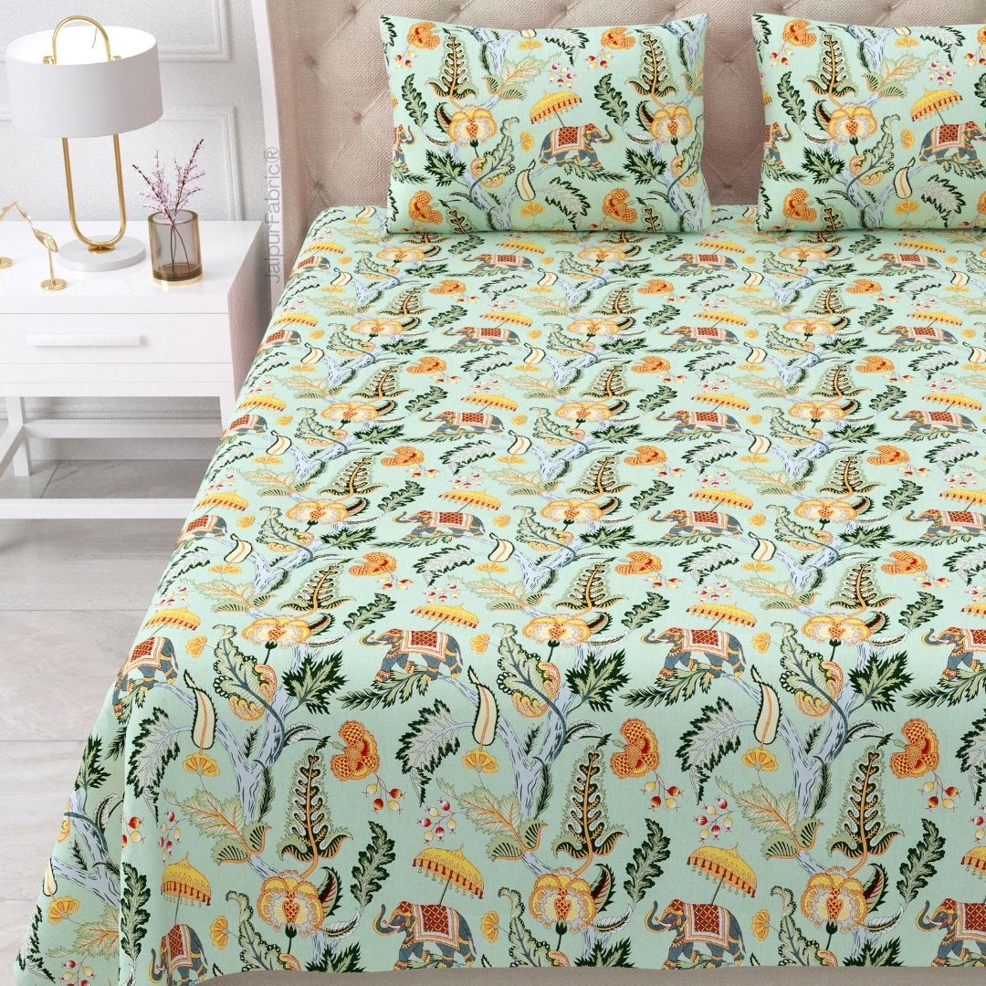 Elephant Paradise Saffron Yellow Pure Cotton King Size Bedsheet