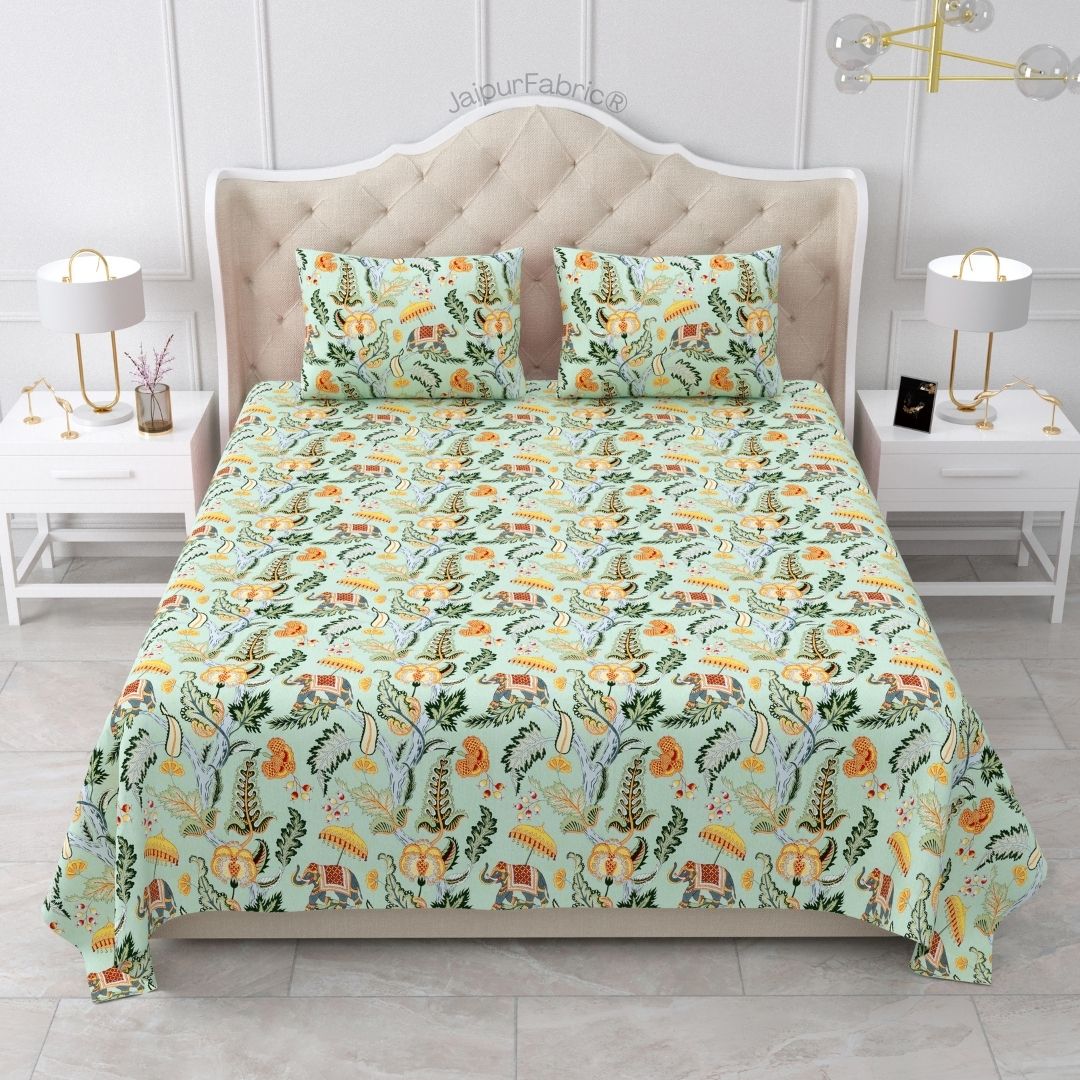 Elephant Paradise Saffron Yellow Pure Cotton King Size Bedsheet
