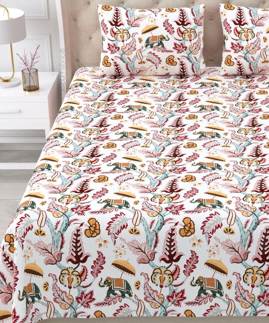 Elephant Paradise Sandstone Beige Pure Cotton King Size Bedsheet