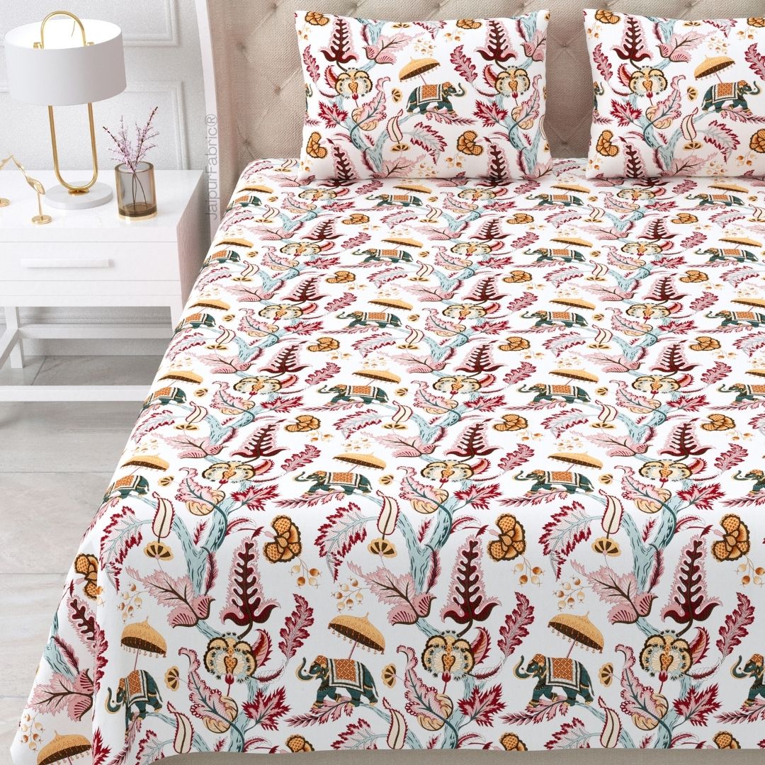 Elephant Paradise Sandstone Beige Pure Cotton King Size Bedsheet