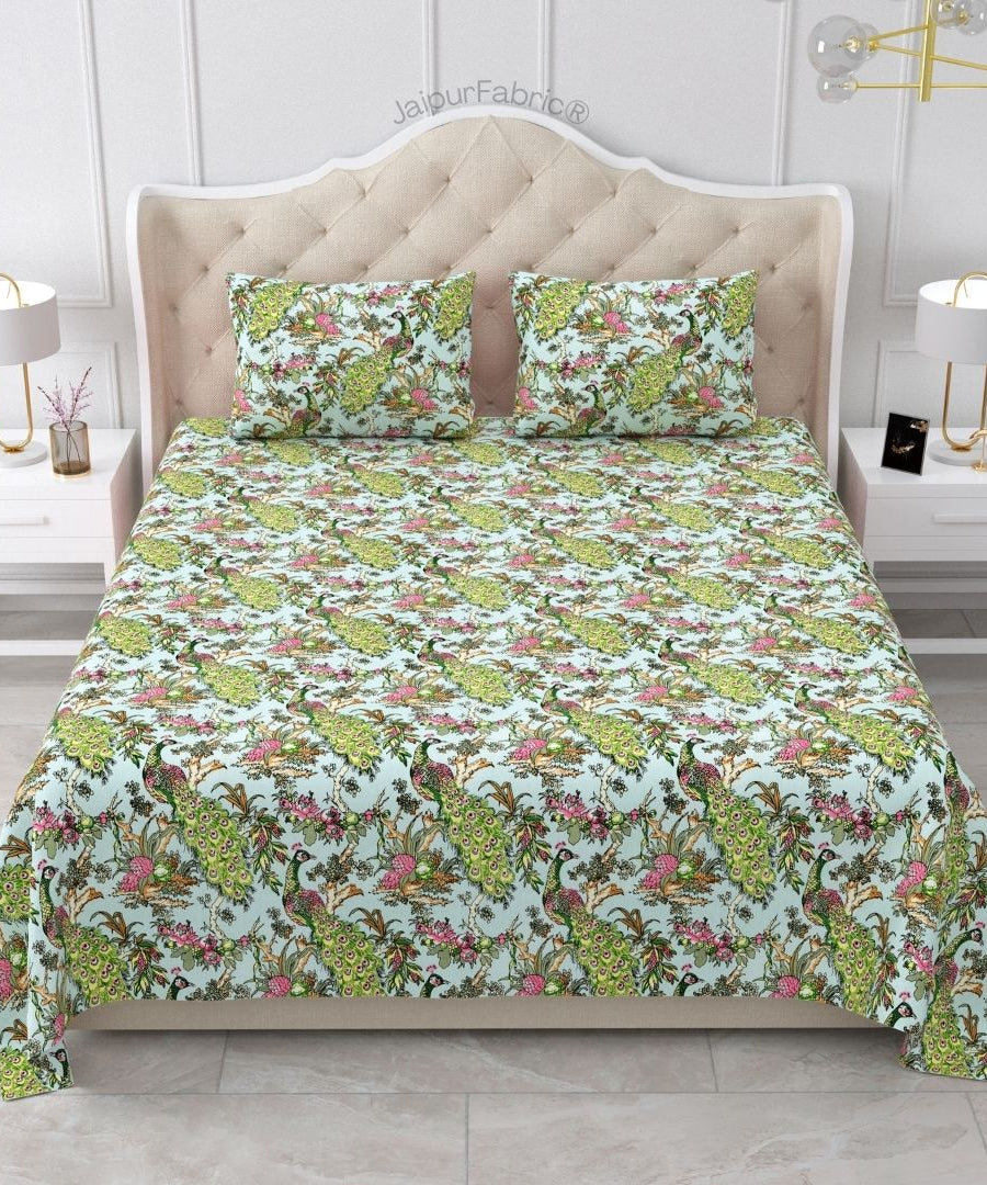 Mayura Royal Feather Aqua Blossom Pure Cotton King Size Bedsheet