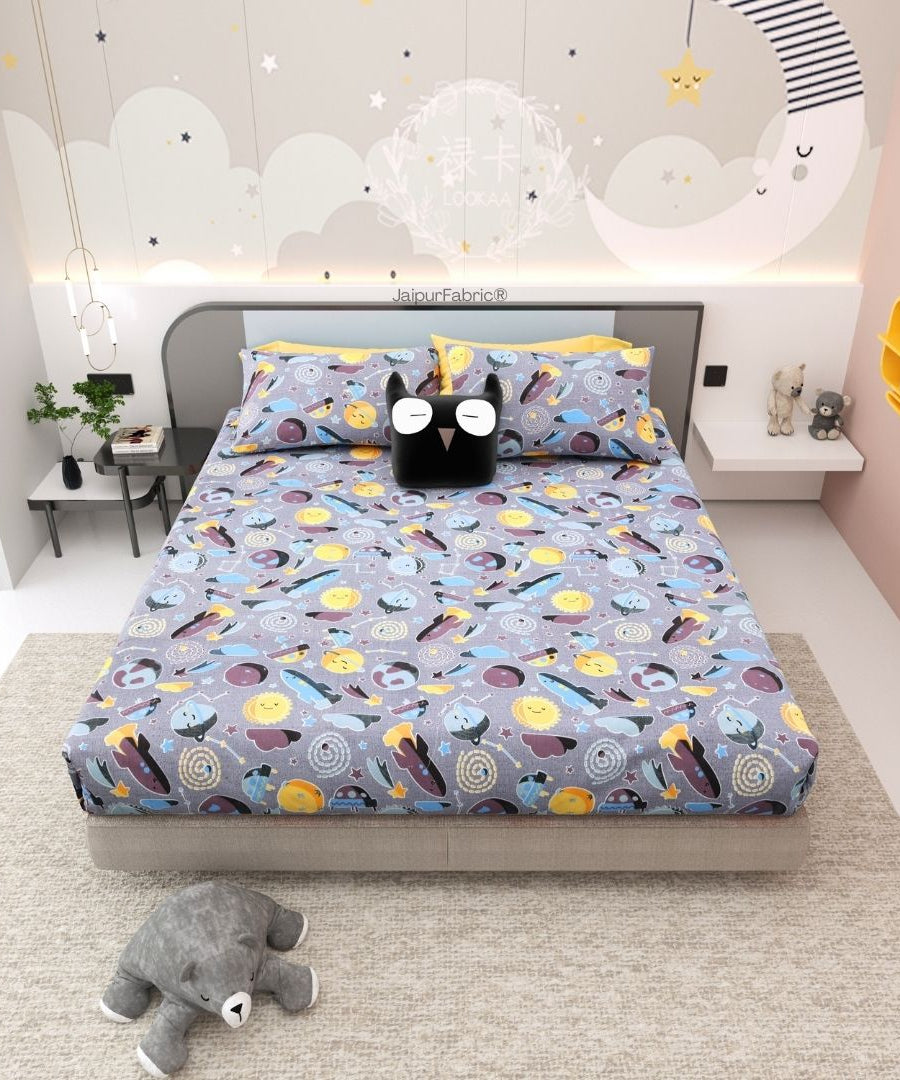 Future Astronaut Purple Soft Cotton Kids Bed Sheet Combo of 2