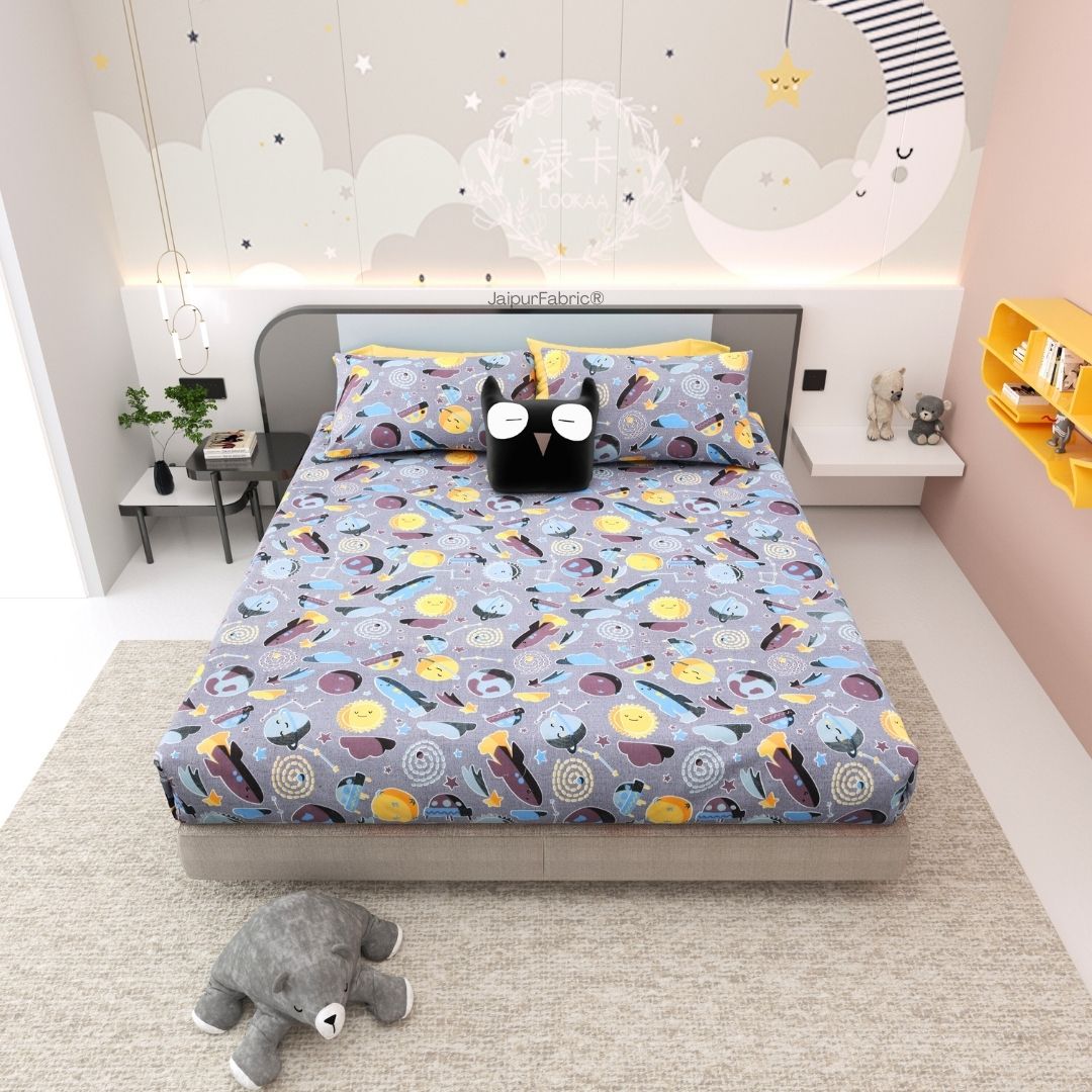 Future Astronaut Purple Soft Cotton Kids Bed Sheet Combo of 2