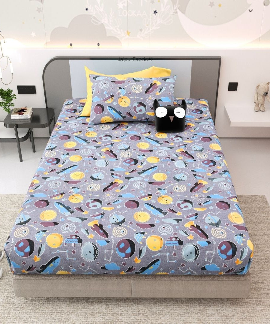 Future Astronaut Purple Soft Cotton Kids Bed Sheet Combo of 2