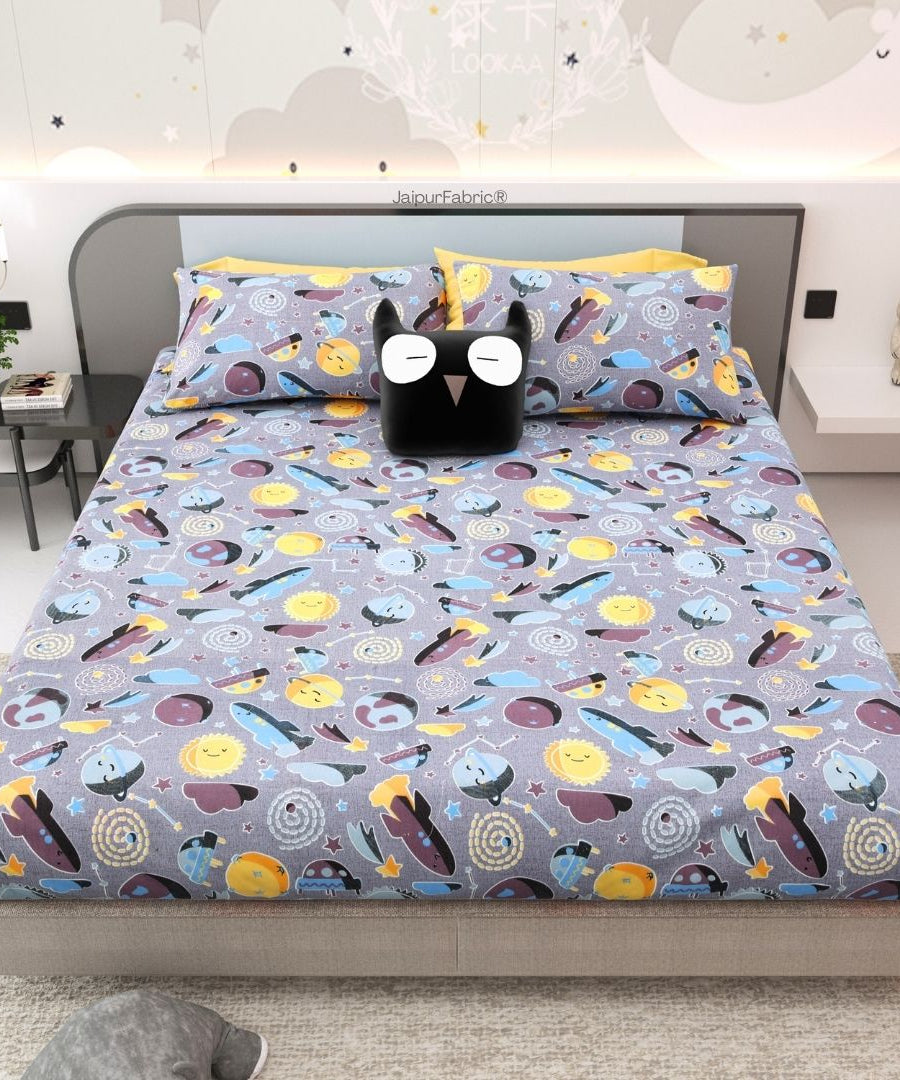 Future Astronaut Purple Soft Cotton Kids Bed Sheet Combo of 2