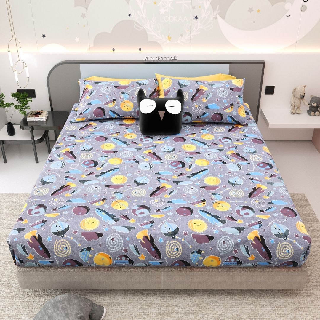 Future Astronaut Purple Soft Cotton Kids Bed Sheet Combo of 2