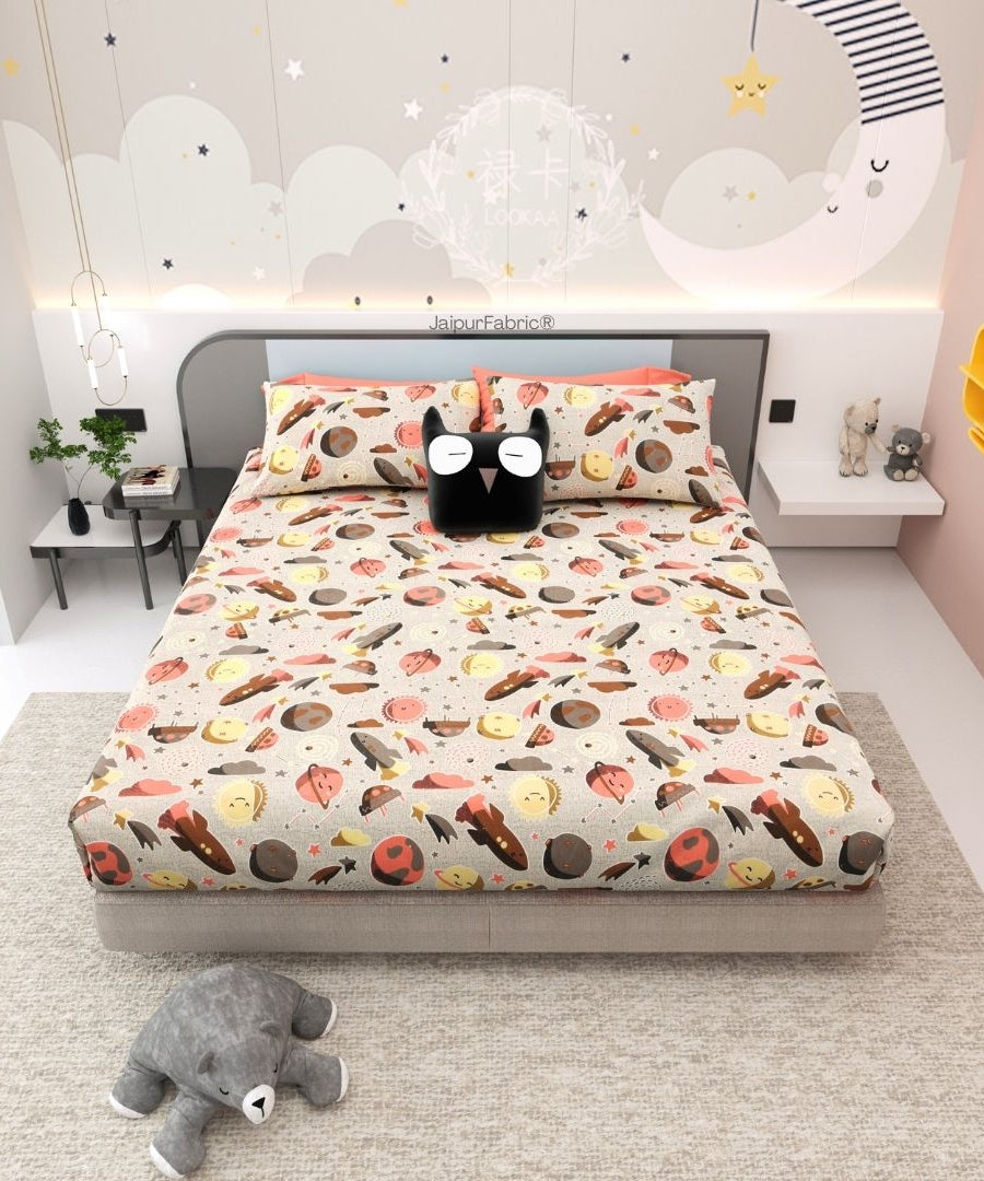 Future Astronaut Beige Soft Cotton Kids Bed Sheet Combo of 2