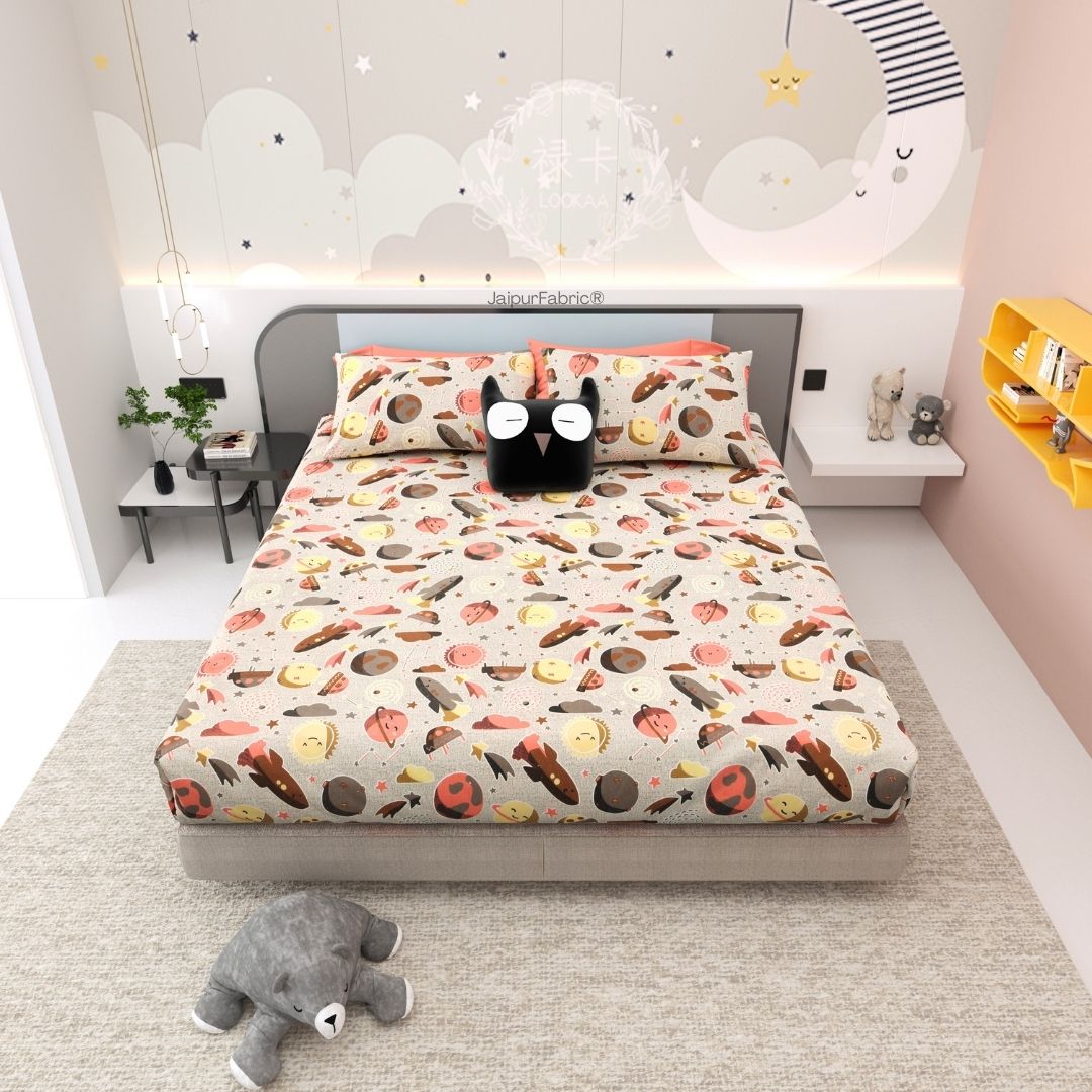 Future Astronaut Beige Soft Cotton Kids Bed Sheet Combo of 2
