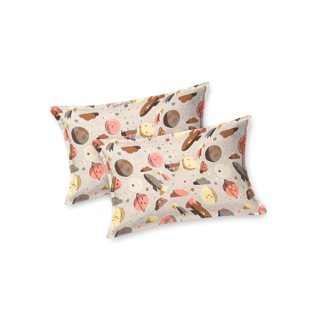 Future Astronaut Beige Soft Cotton Kids Bed Sheet Combo of 2